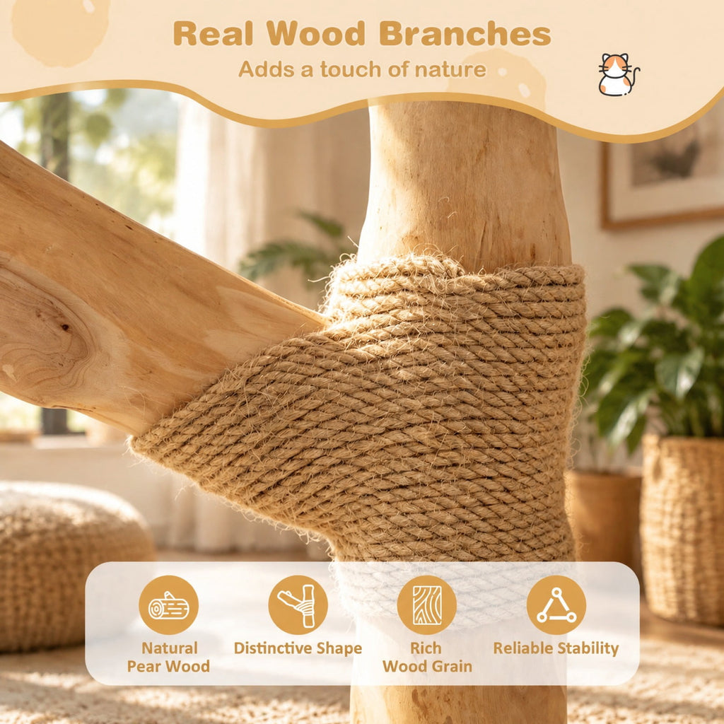 Airfind 41 Inch Tall Modern Cat Tower with Real Wood Branches Scratching Posts for Indoor, Beige, a distinctive shape and rich wood grain