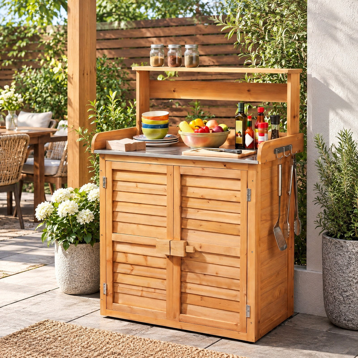 Airfind Wood Plant Workstation with Stainless Steel Tabletop and Removable Shelves, 110 lbs Storage Shelf Capacity, Fir Wood Stainless Steel Frame