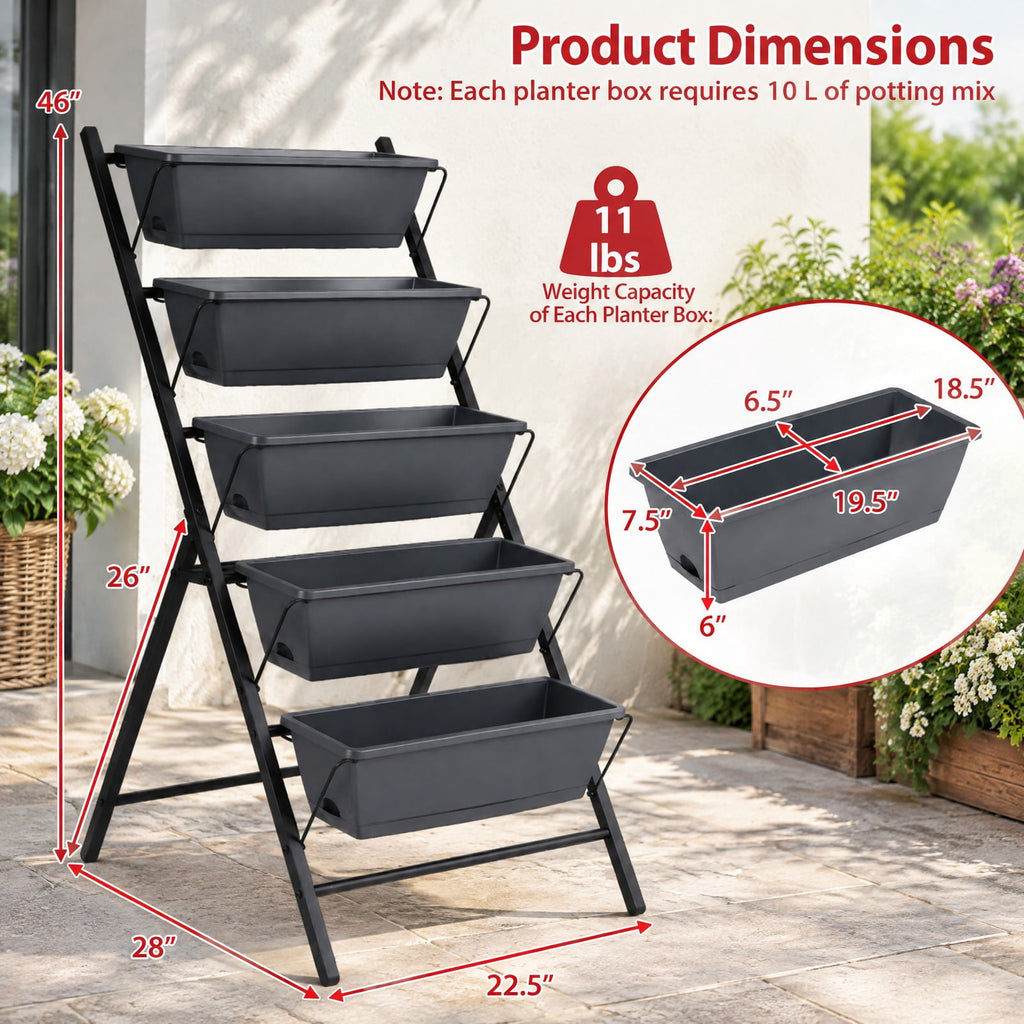 Airfind 5-Tier Vertical Raised Garden Bed with Drainage System and Removable Trays for Vegetables, 11 lbs Capacity, PP Metal Frame, Black