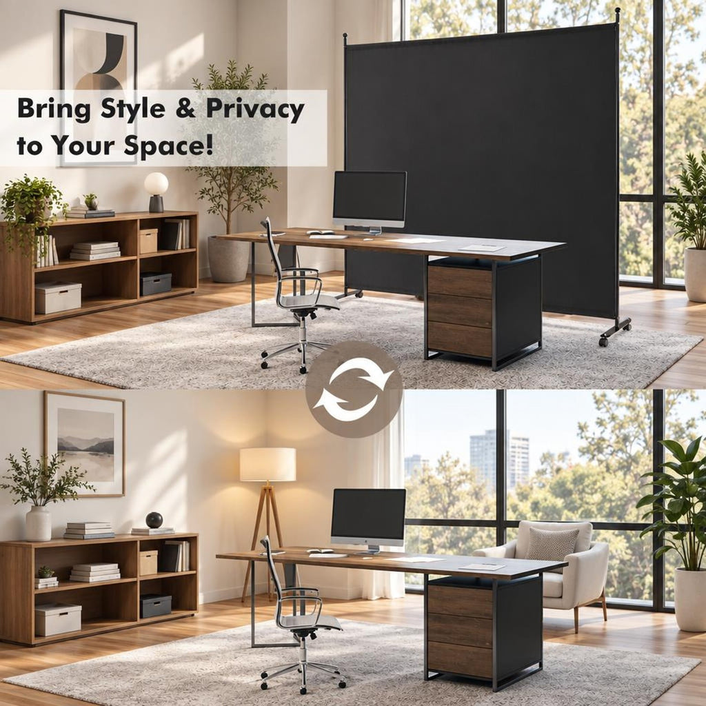 Airfind 6 Feet Single Panel Rolling Room Divider with Smooth Wheels, Metal polyester Frame, 73 x 12 x 73 Footprint, Black