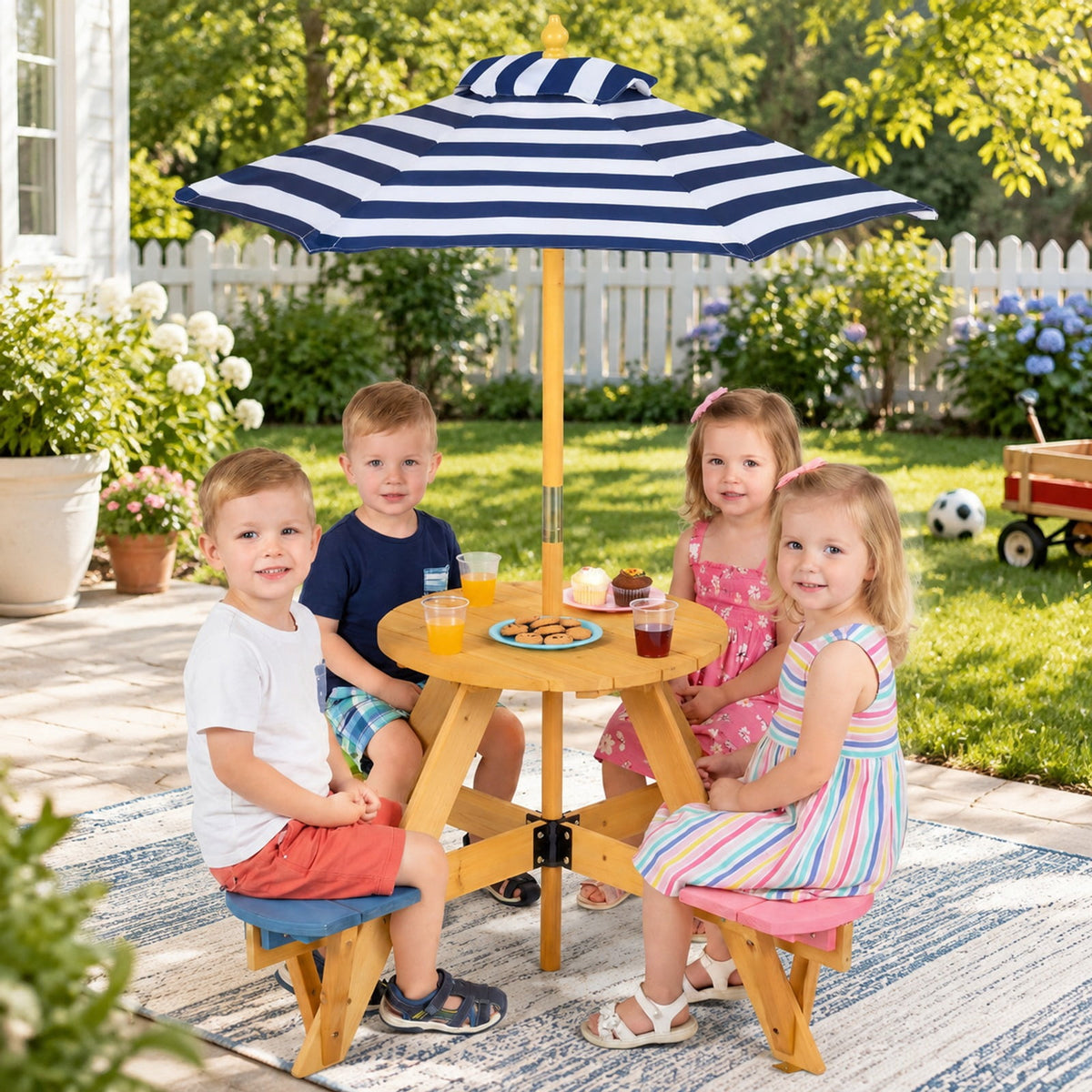 Airfind Kids Picnic Table with Stools and Foldable Adjustable Umbrella for Backyard and Patio, 165 lbs Capacity, Polyester Fabric Frame, Blue