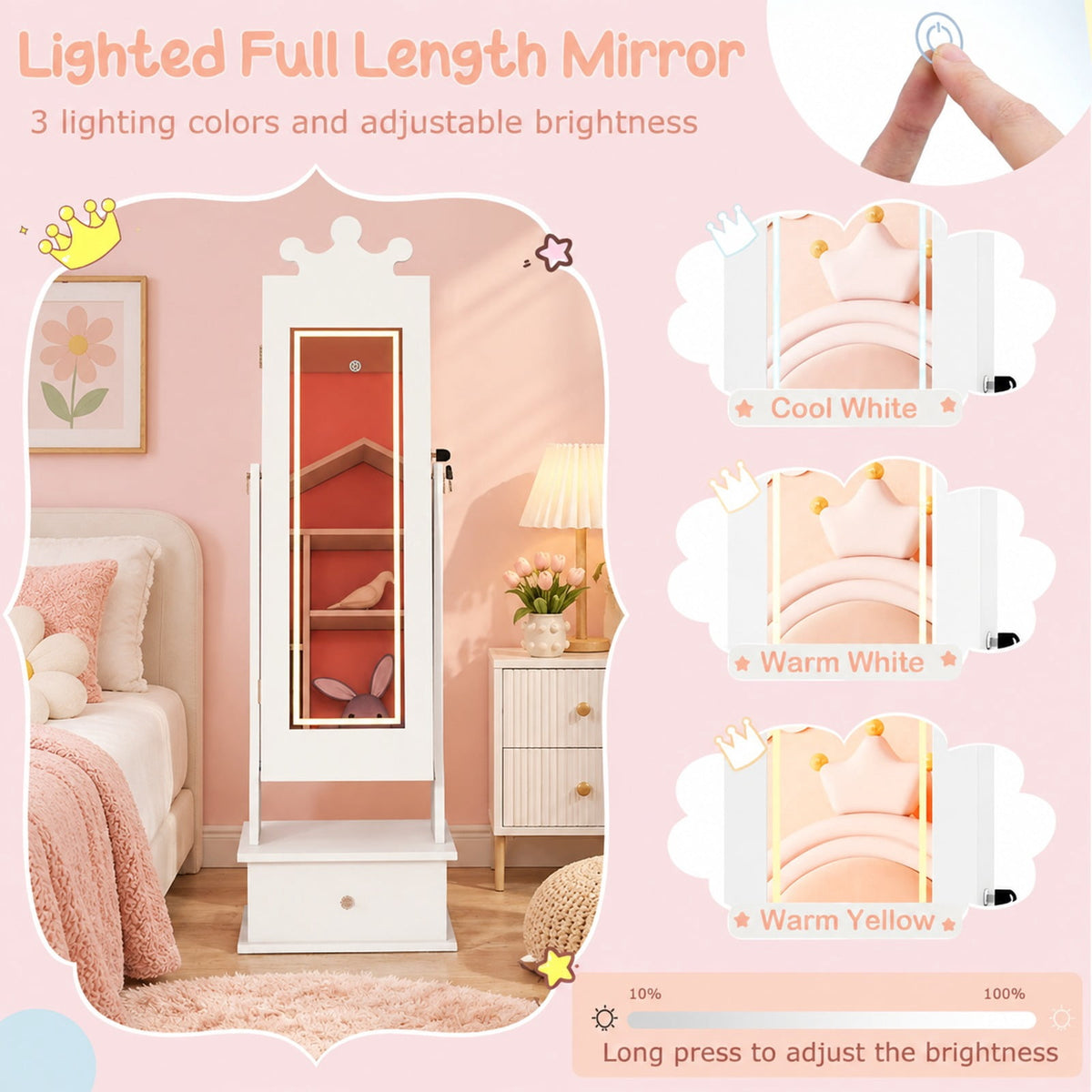Airfind Youth Jewelry Armoire with 3-Color Lighted Full Length Mirror and Inside Led Lights, MDF Glass, 13.5 Inch X 12 Inch X 45 Inch Full-length, White