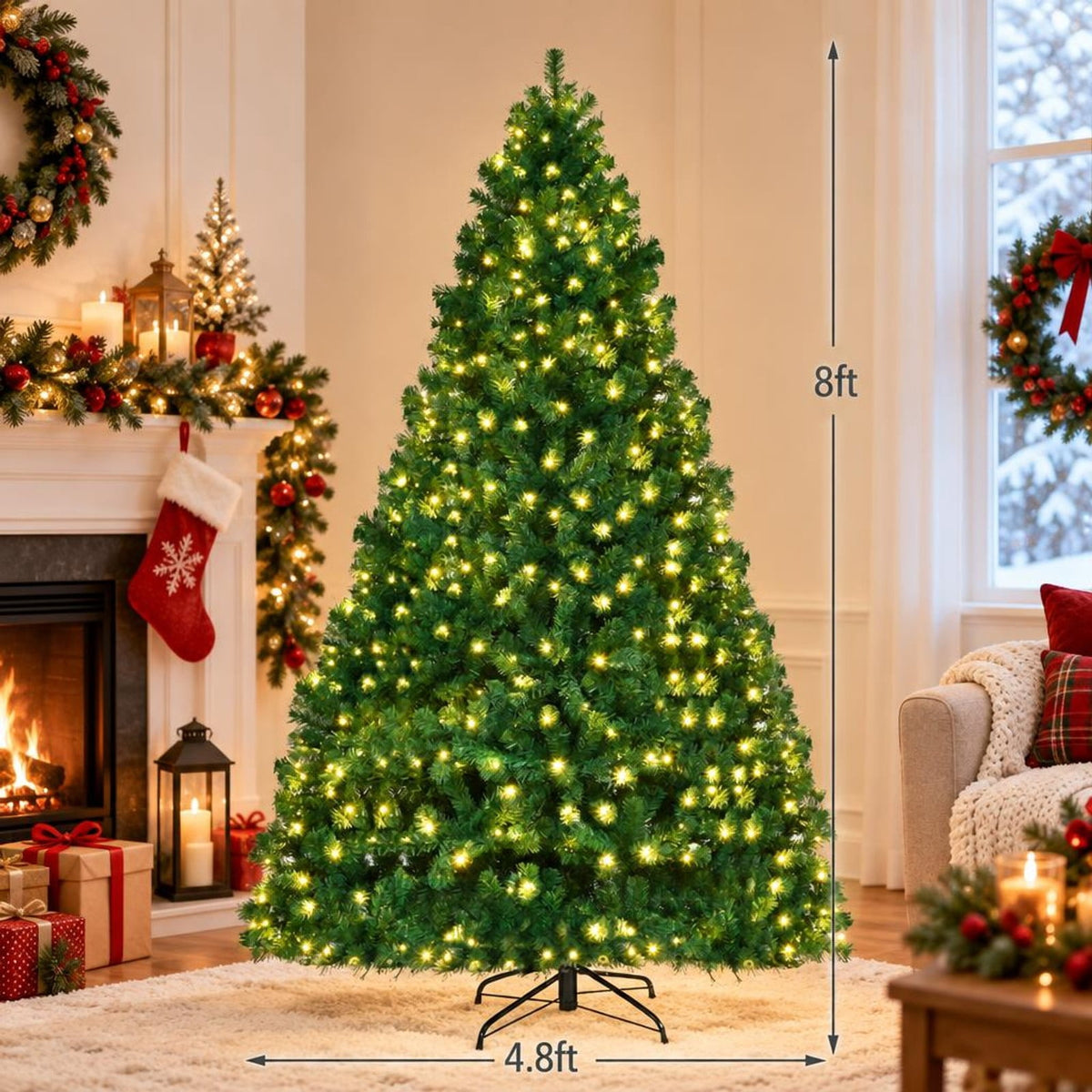 Airfind 8 Feet PVC Artificial Christmas Tree with LED Lights-8 ft, PVC iron Frame, 4.3 x 7.5 H Footprint, Green