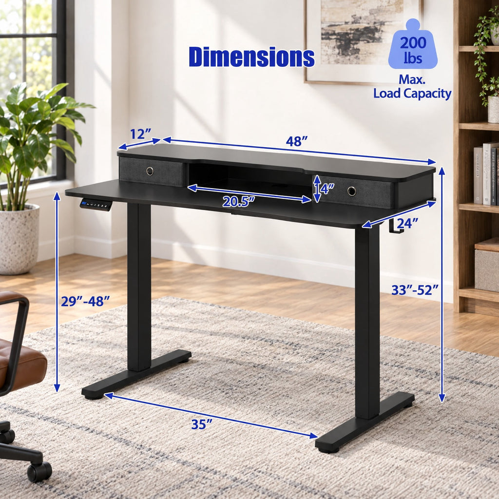 Airfind 48 Inch x 24 Inch Height Adjustable Electric Standing Desk with 2 Drawers, 200 lbs Capacity, Engineered Wood Metal Fabric Frame, Black