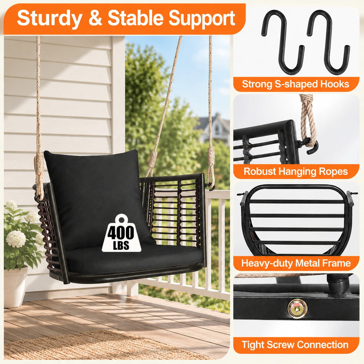 Airfind Porch Swing Patio Hanging Rattan Chair with Zippered Cushions and Rope, 400 lbs Capacity, 30.5 x 24.5 x 15 Suitable Hanging Footprint