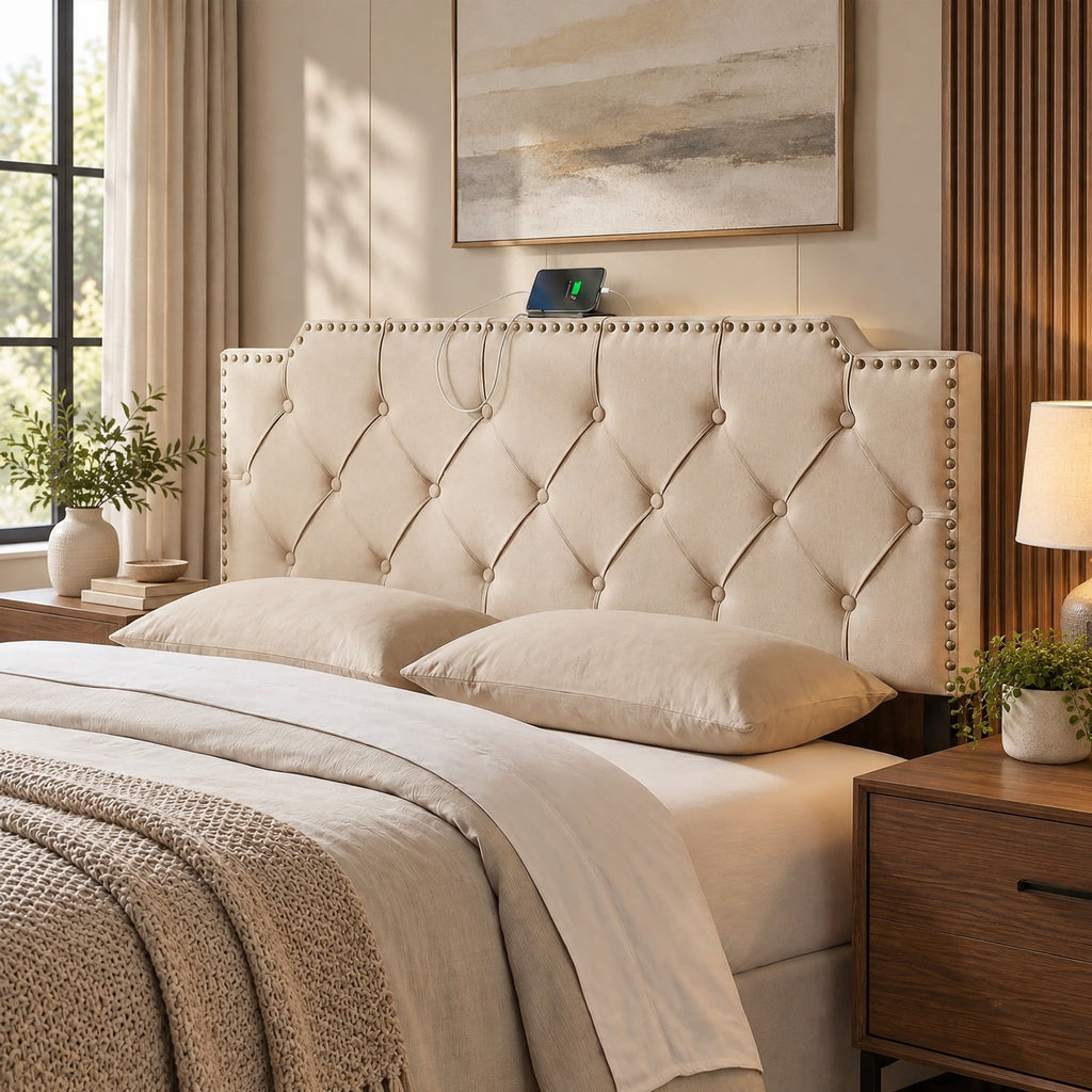 Airfind Upholstered Headboard with Built-in Charging Station, AC, USB and Type-C Ports, Rivet Tufted Headboard for Queen and Full Size Bed, Beige