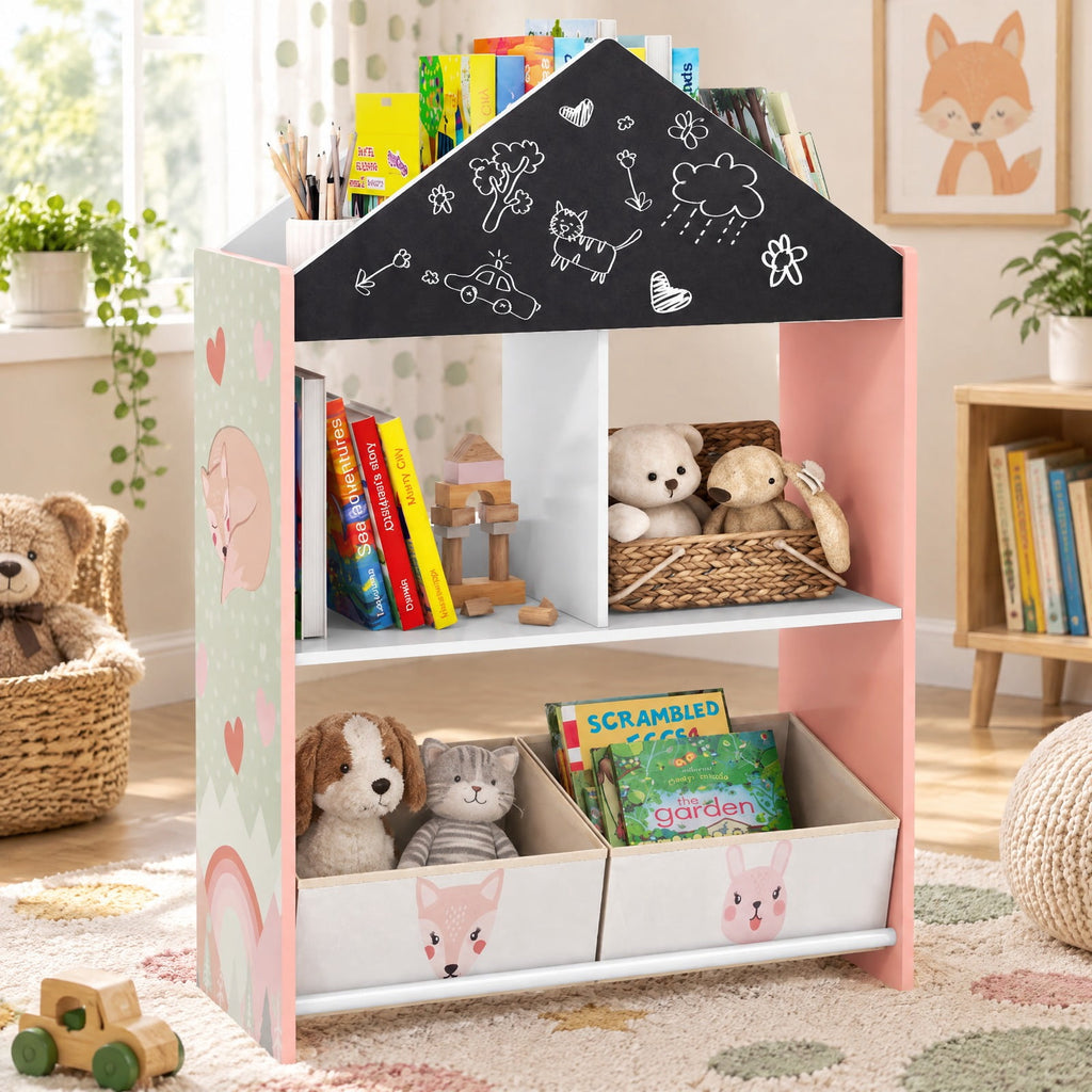 Airfind Playhouse Kids Bookshelf with Chalkboard and Whiteboard for 3-6 Years, MDF Metal Fabric Frame, Pink