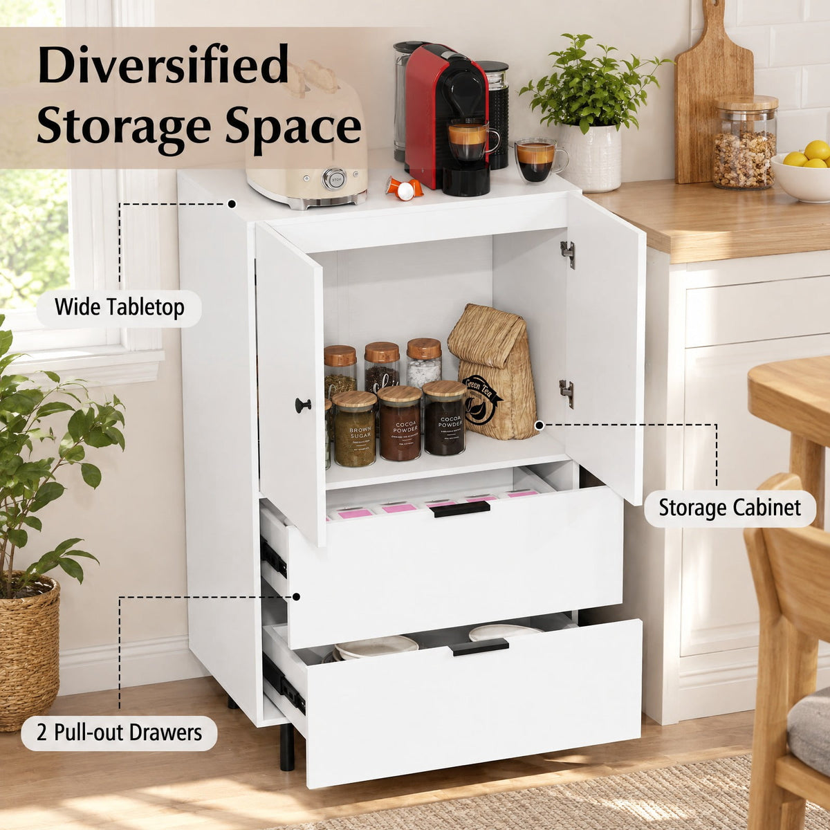 Airfind Sideboard Buffet Cabinet 2-Door Serving Cupboard with Drawers, 155 lbs Capacity, Engineered Wood MDF Metal Frame, White