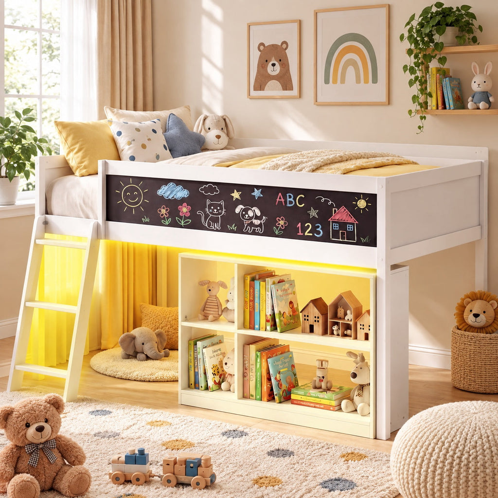 Airfind Twin Size Kids Loft Bed with LED Lights and Removable Bookcase, 350 lbs Capacity, Solid Wood Plywood Engineered Wood Frame, White