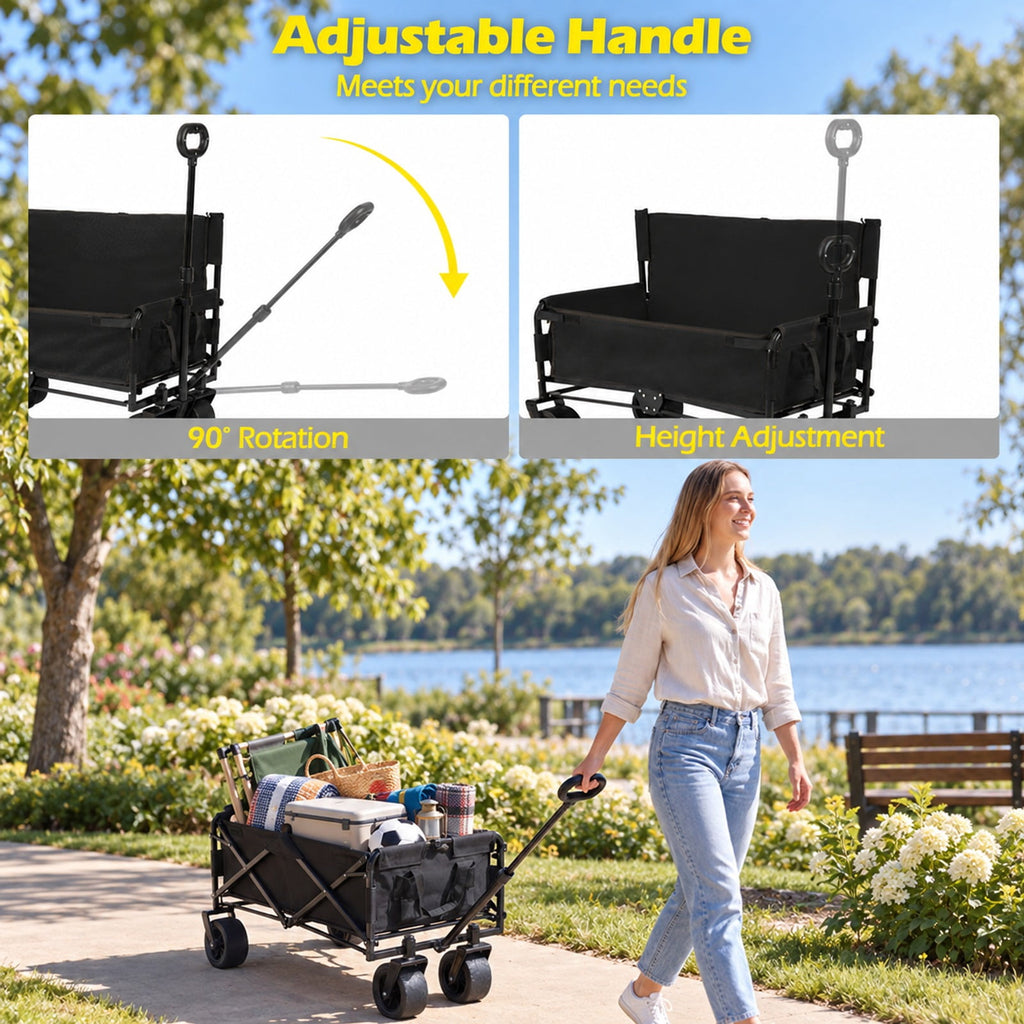 AIRFIND Collapsible Utility Wagon with 2-in-1 Bench Seat Design and 176 Lb Capacity for Beach, Camping and Outdoor Trips, Black