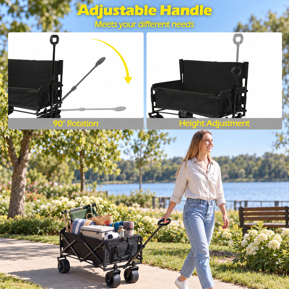 AIRFIND Collapsible Utility Wagon with 2-in-1 Bench Seat Design and 176 Lb Capacity for Beach, Camping and Outdoor Trips, Black