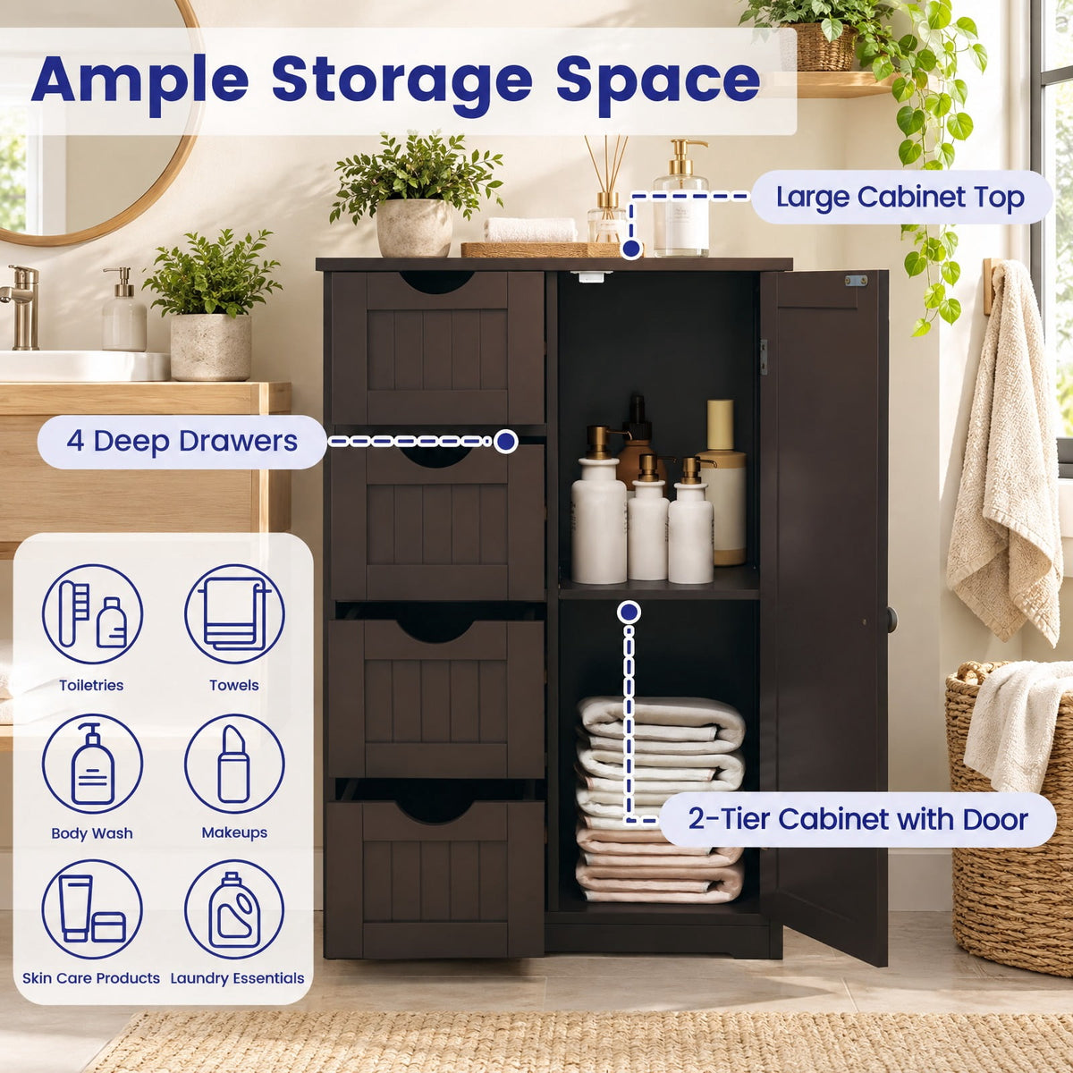 Airfind Standing Indoor Wooden Cabinet with 4 Drawers, 143 lbs Capacity, MDF Engineered Wood Frame, 21.5 Inch x 12 Inch x 32.5 Inch Footprint, Brown