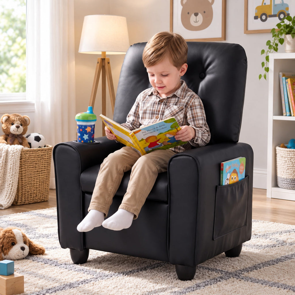 Airfind Youth Recliner Chair with Cup Holder, Side Pocket and Push-Back Footrest, PU Upholstery with Wood, Foam, PU Upholstery, and Metal, Black
