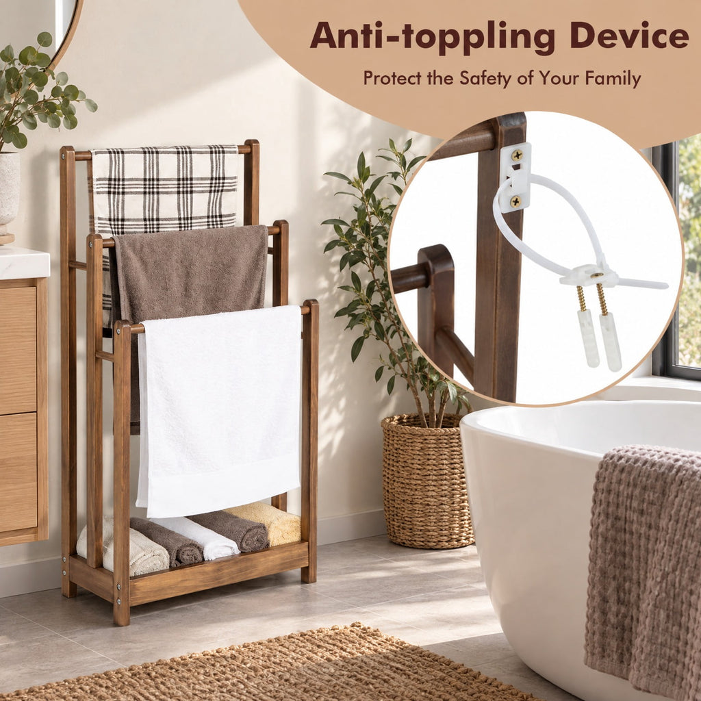 AIRFIND Towel Rack with Three Hanging Bars and Lower Storage Shelf, Freestanding Fir Wood Bathroom Organizer, 18 x 9 x 34 in, Rustic Brown