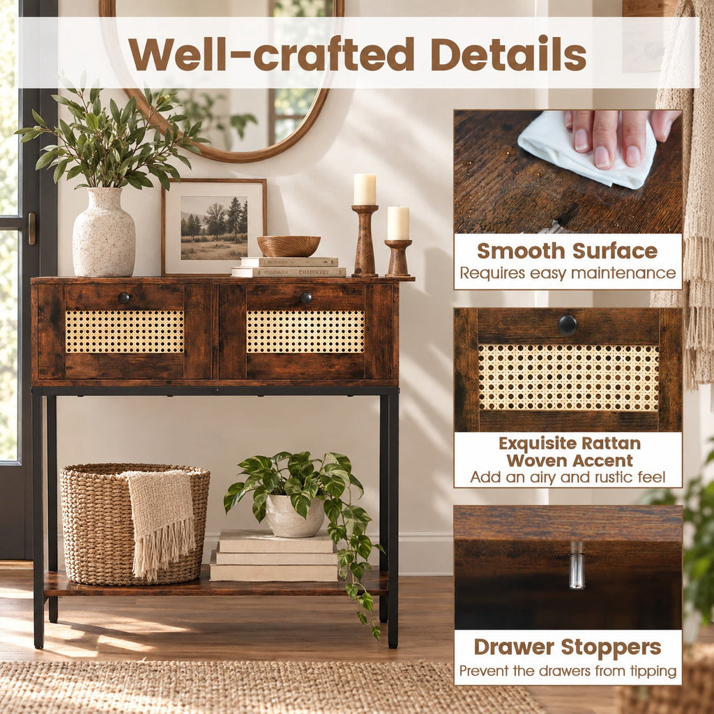 Airfind Rattan Console Table Boho Entryway Table with 2 Rattan Drawers and Open Storage Shelf, 88 lbs Capacity, Brown