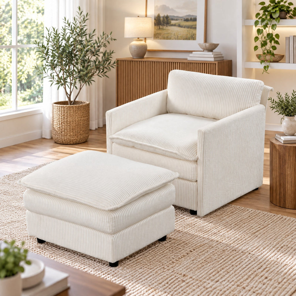 Airfind Oversized Accent Chair with Ottoman with Soft Corduroy Cushions, 400 Lbs Capacity, Corduroy with Corduroy Sponge Ply Wood Plastic, Unspecified