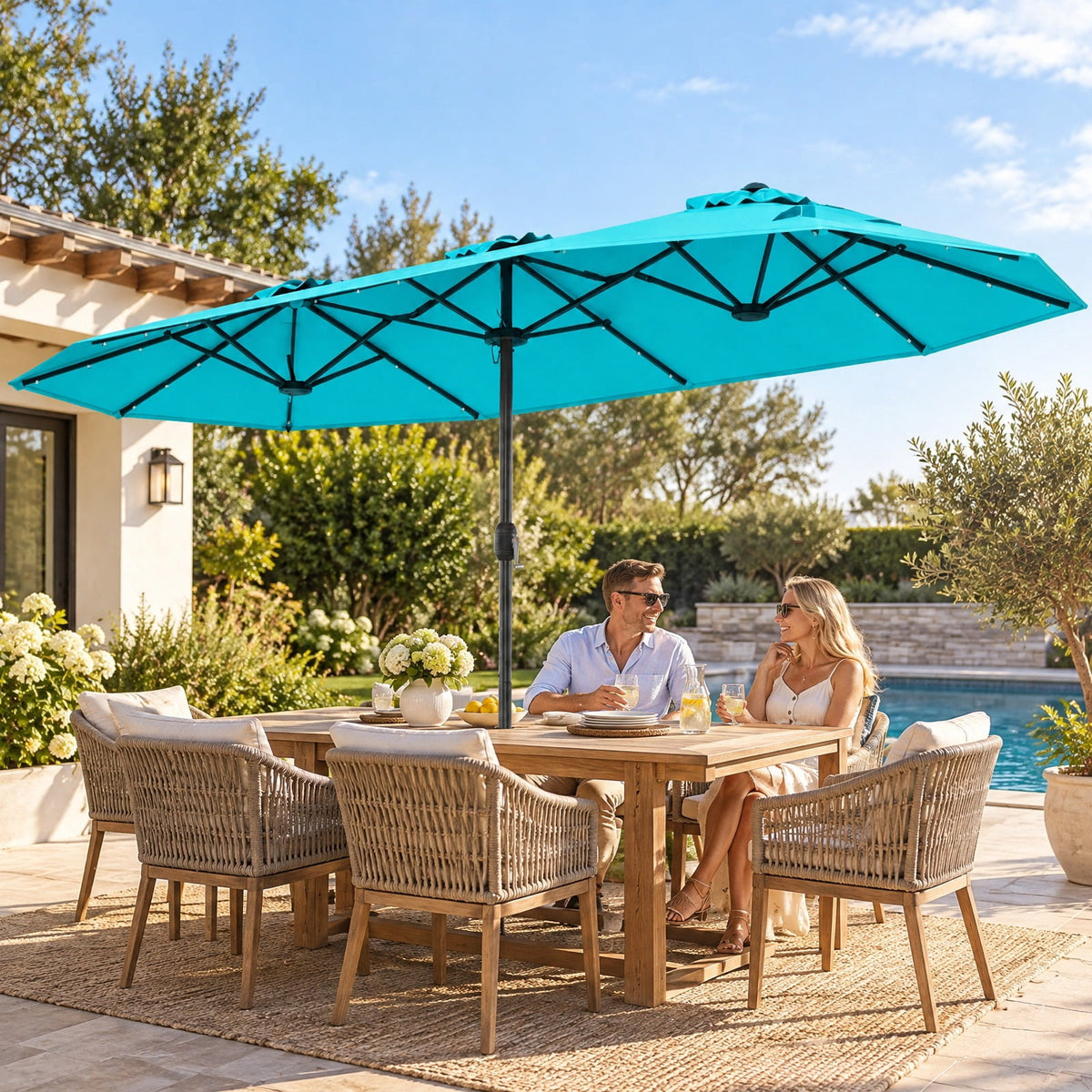 Airfind 13FT Double-sided Patio Umbrella with Solar Lights for Garden Pool Backyard, Metal 180g Yarn Dyed Fabric PA Coating Frame, Turquoise