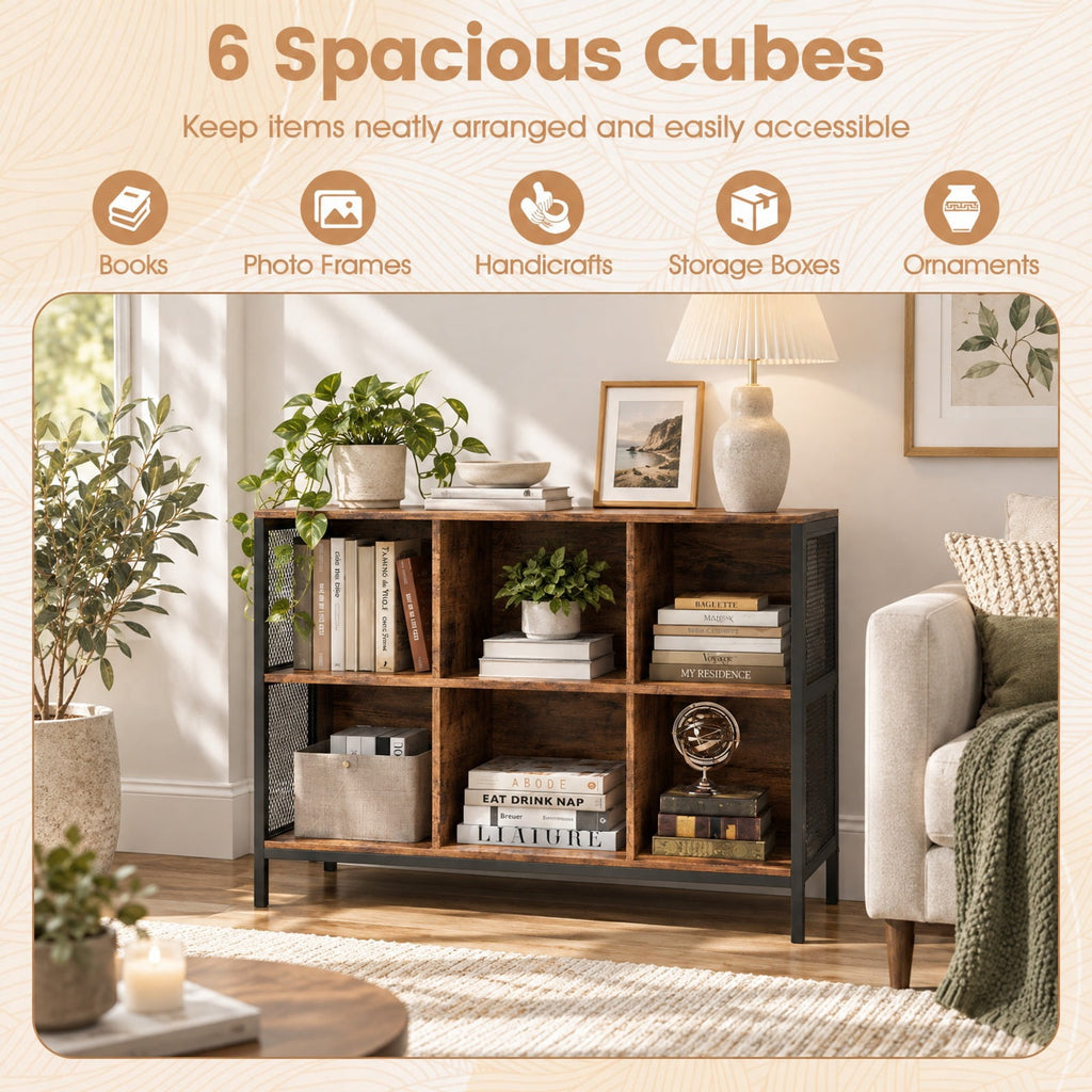Airfind 6 Cube Bookcase 42 Wide Horizontal Bookshelf with Accent Cubby Shelf, 88 lbs Capacity, MDF Engineered Wood Metal Frame, Brown