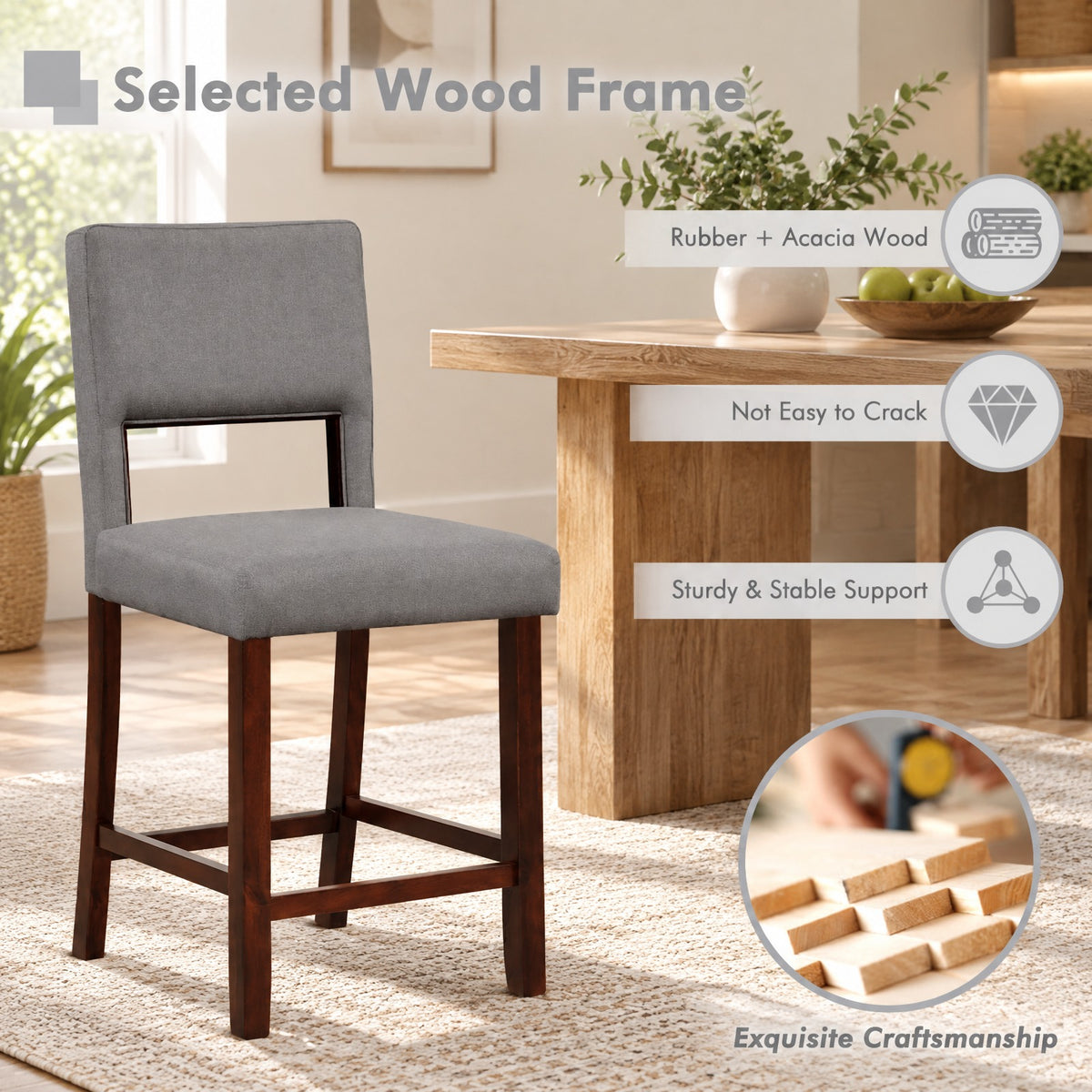 Airfind 2 Piece Bar Chair Set with Hollowed Back and Rubber Wood Legs, 400 lbs Capacity, Rubber Wood Acacia Wood Sponge PVC Leather Frame, Gray