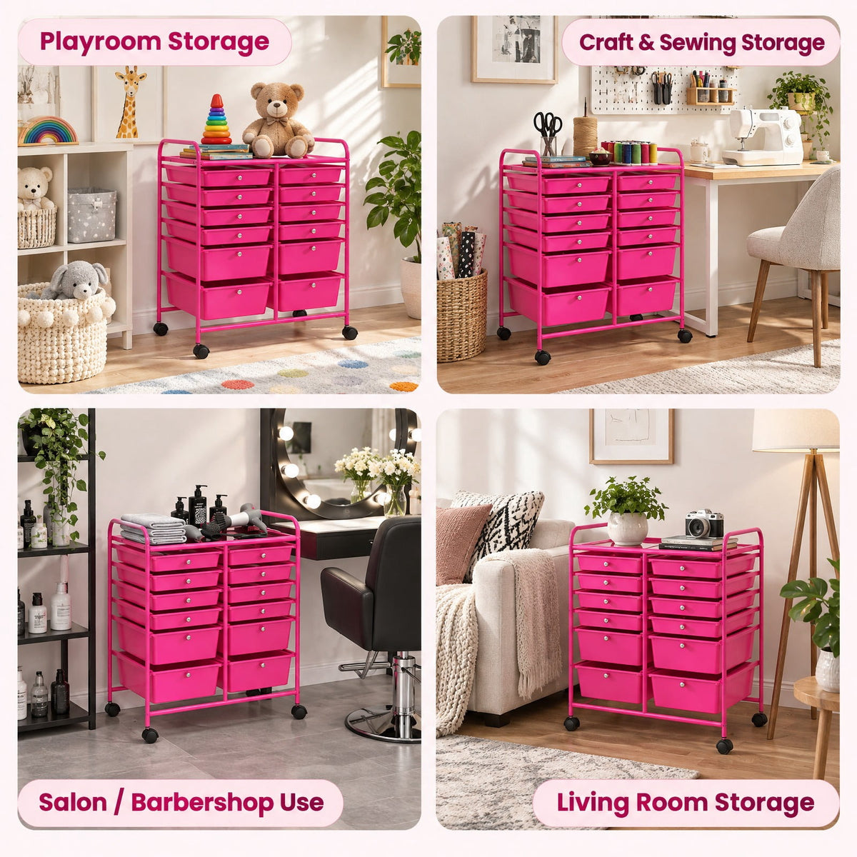 Airfind 12, Drawer Rolling Storage Cart with Removable Drawers and Lockable Wheels, Rose Red, Heavy, duty metal frame ensures excellent stability