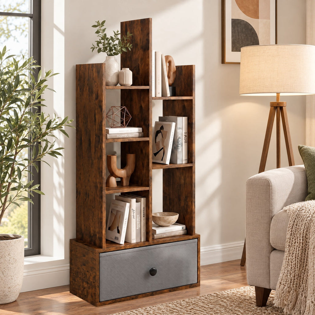 Airfind 7-Tier Open-Back Bookshelf with Drawer, 33 lbs Capacity, Engineered wood Frame, 21 Inch x 9.5 Inch x 47 Inch Footprint, Brown