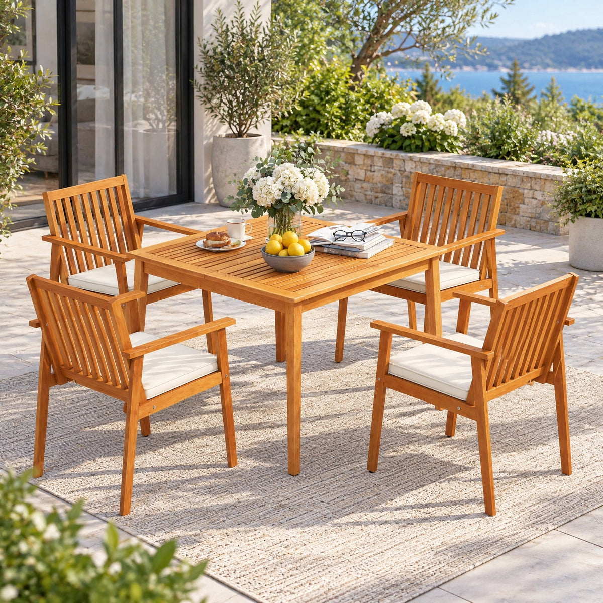Airfind 2 Pieces Patio Dining Chairs Outdoor Acacia Wood Chairs with Removable Padded Cushion, Acacia Wood Sponge Non-woven Fabric Frame, Natural