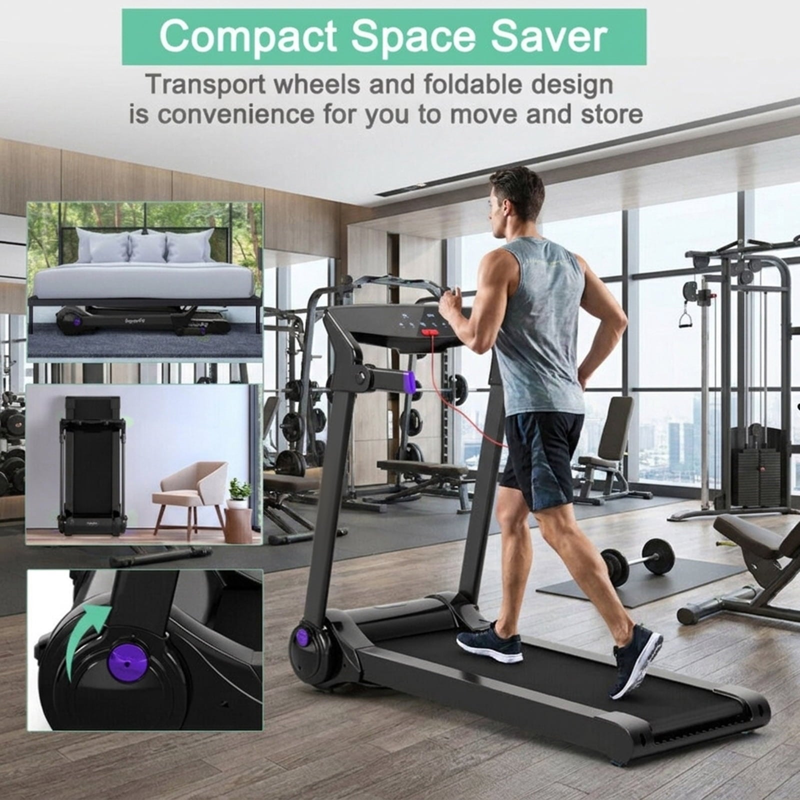 Airfind 3HP Folding Cardio Treadmill with Audio Console, Purple