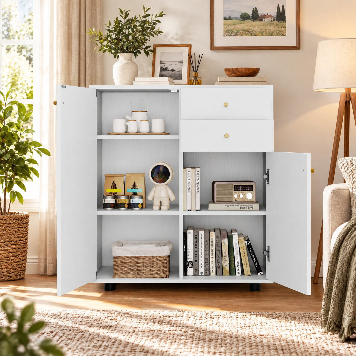 Airfind Kitchen Sideboard Buffet Cabinet Coffee Bar Cabinet with 2 Drawers 2 Doors and 3 Adjustable Shelves, 45 lbs Capacity, Engineered Wood Frame