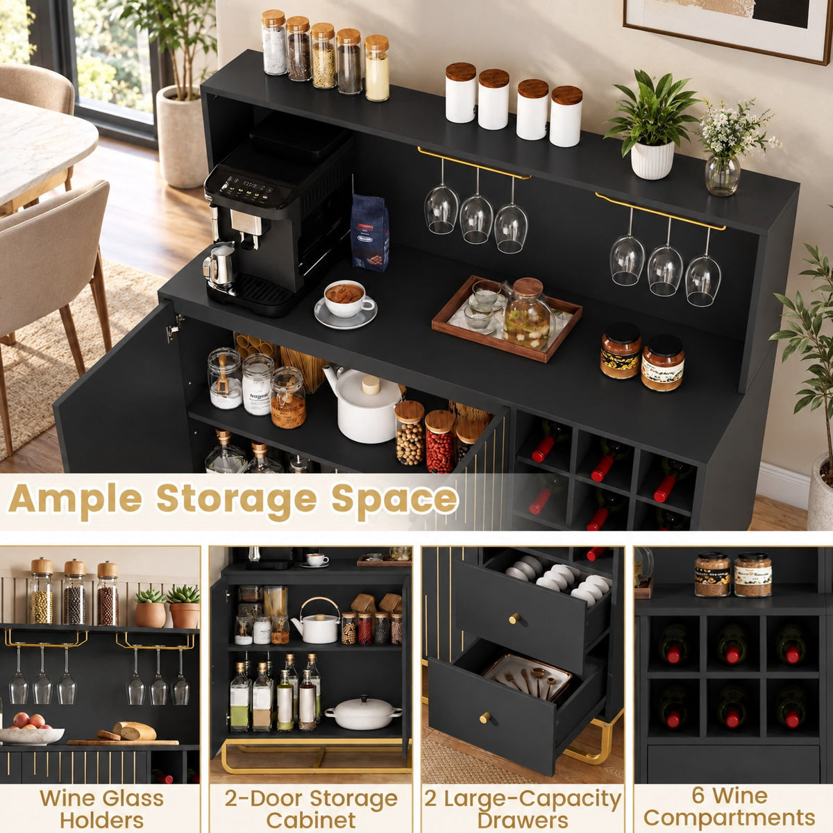 Airfind Home Bar Cabinet with Wine Rack Glass Holder and Adjustable Shelf, 47 Inch x 16 Inch x 48.5 Inch Inner Footprint, Black