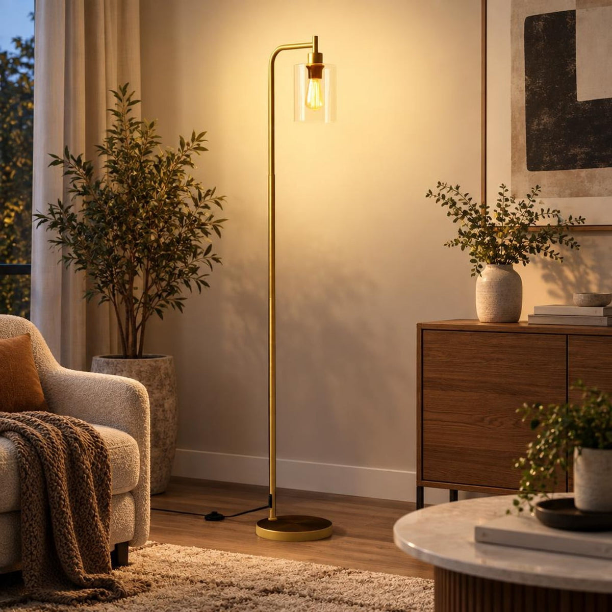 Airfind Modern Floor Lamp with Hanging Glass Lampshade and Foot Switch, 10in x 66inSize of Lampshade 5.5in x 6.5inLength of Footprint, Black