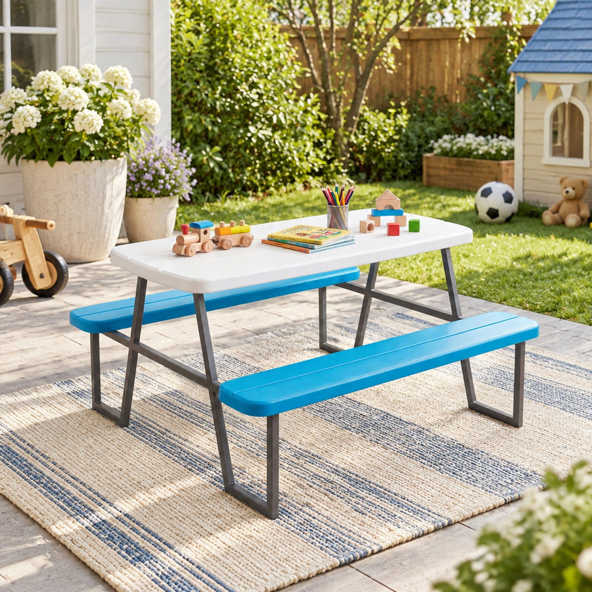 Airfind Kids Picnic Table with Benches Seats up to 4, 660 lbs Capacity, Metal Frame, for 3+ years old, 40 x 39.5 x 59 Tabletop Footprint, Blue