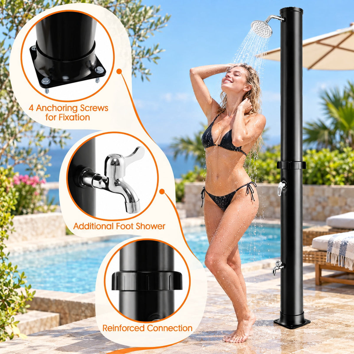 Airfind 7.2 Feet Solar-Heated Outdoor Shower with Free-Rotating Shower Head, Abs PVC Frame, 7.5 x 7.5 x 85.5 Footprint, Black