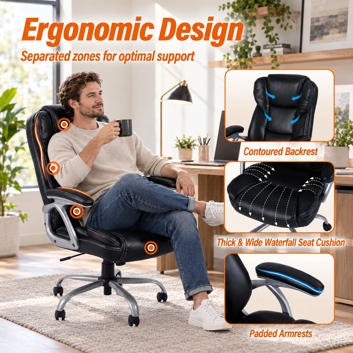 Airfind Executive Office Chair Leather Ergonomic Computer Desk Chair with Padded Seat and Armrests, 330 lbs Capacity, Black