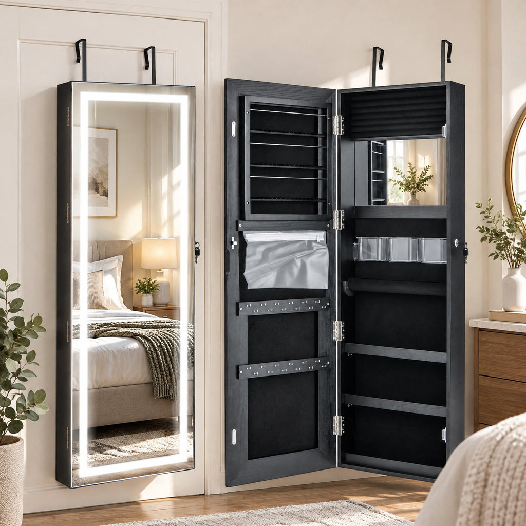 Airfind Mirrored Jewelry Armoire featuring Full Length Mirror and 2 Internal LED Lights, MDF Frame, 15.5 Inch x 5 Inch x 47 Inch (L x W x H) Hook Footprint, Black