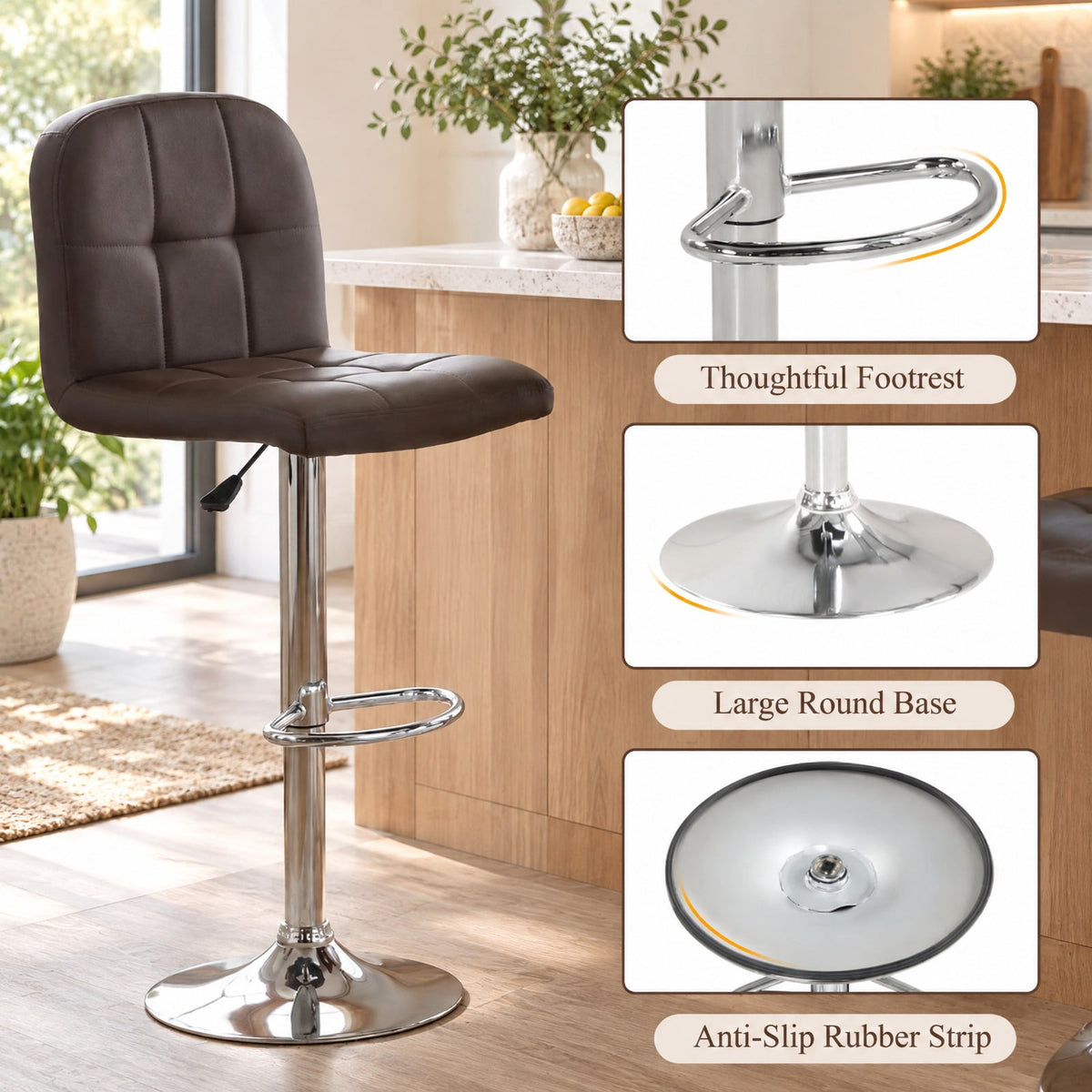 Airfind Swivel Bar Stools Set of 2 with Footrests and Metal Base, 250 lbs Capacity, Faux Leather Sponge Metal Plywood Frame, Brown