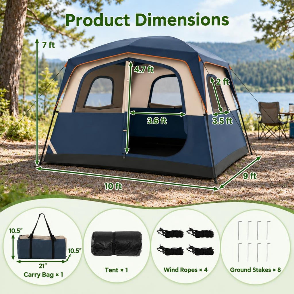 Airfind 6-Person Camping Tent Easy Setup Family Cabin Tent with Top Rainfly Mesh Windows, Fabric Fiberglass Metal Frame, 10 x 9 x 7 ft Footprint