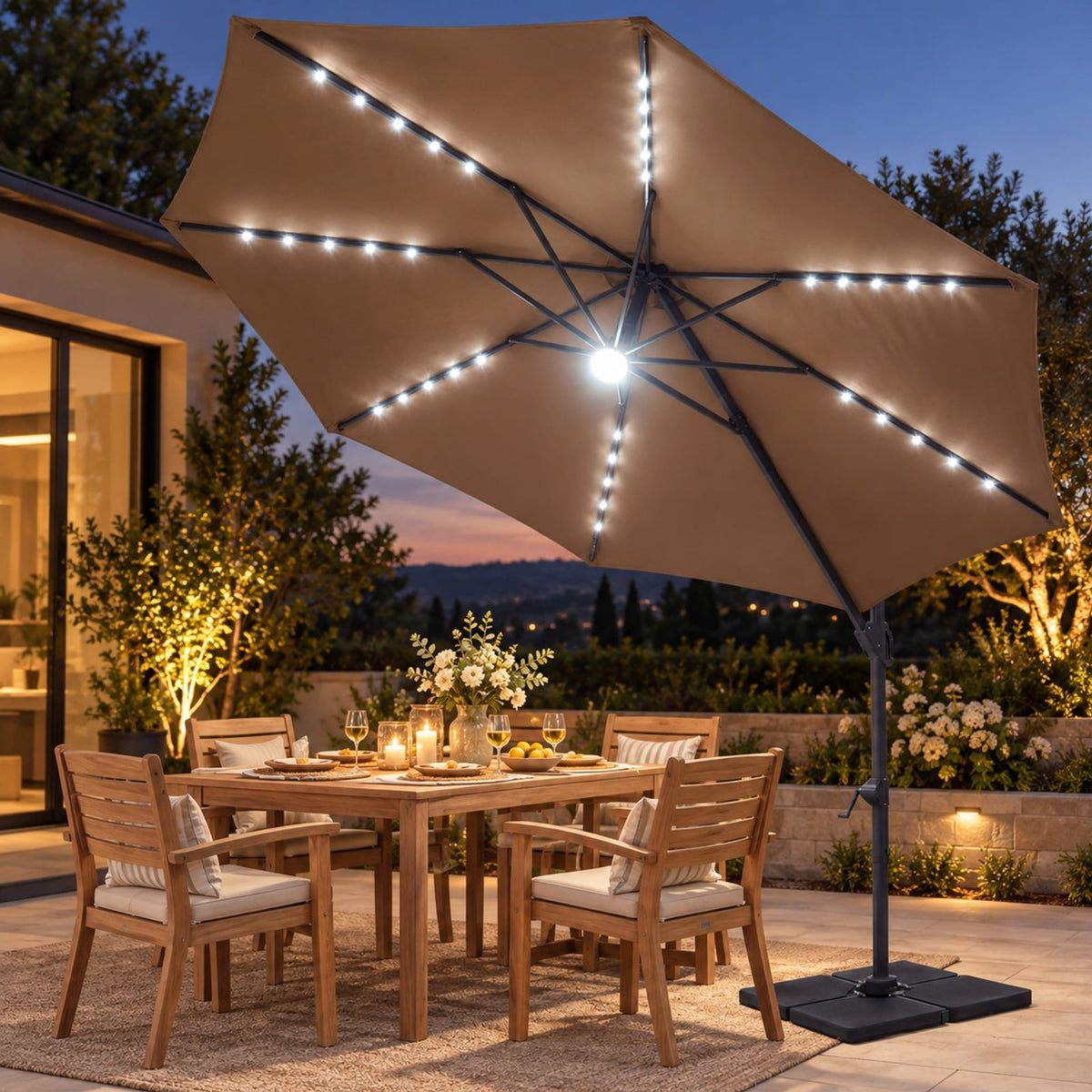 Airfind 10 FT Cantilever Patio Umbrella with Solar LED Lights 360° Rotation, Polyester Fabric Aluminum Metal PC ABS Frame, Brown