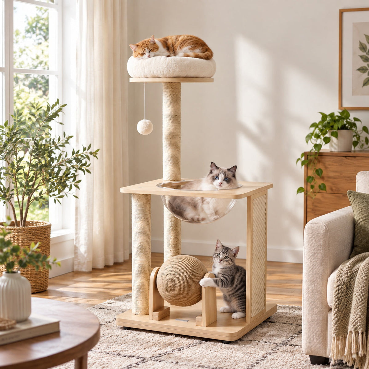 Airfind 40 Inch Solid Wood Cat Tree featuring Space Capsule and Sisal Posts and Scratching Board, 23.5 Inch x 21 Inch x 40 InchBase Footprint, Natural