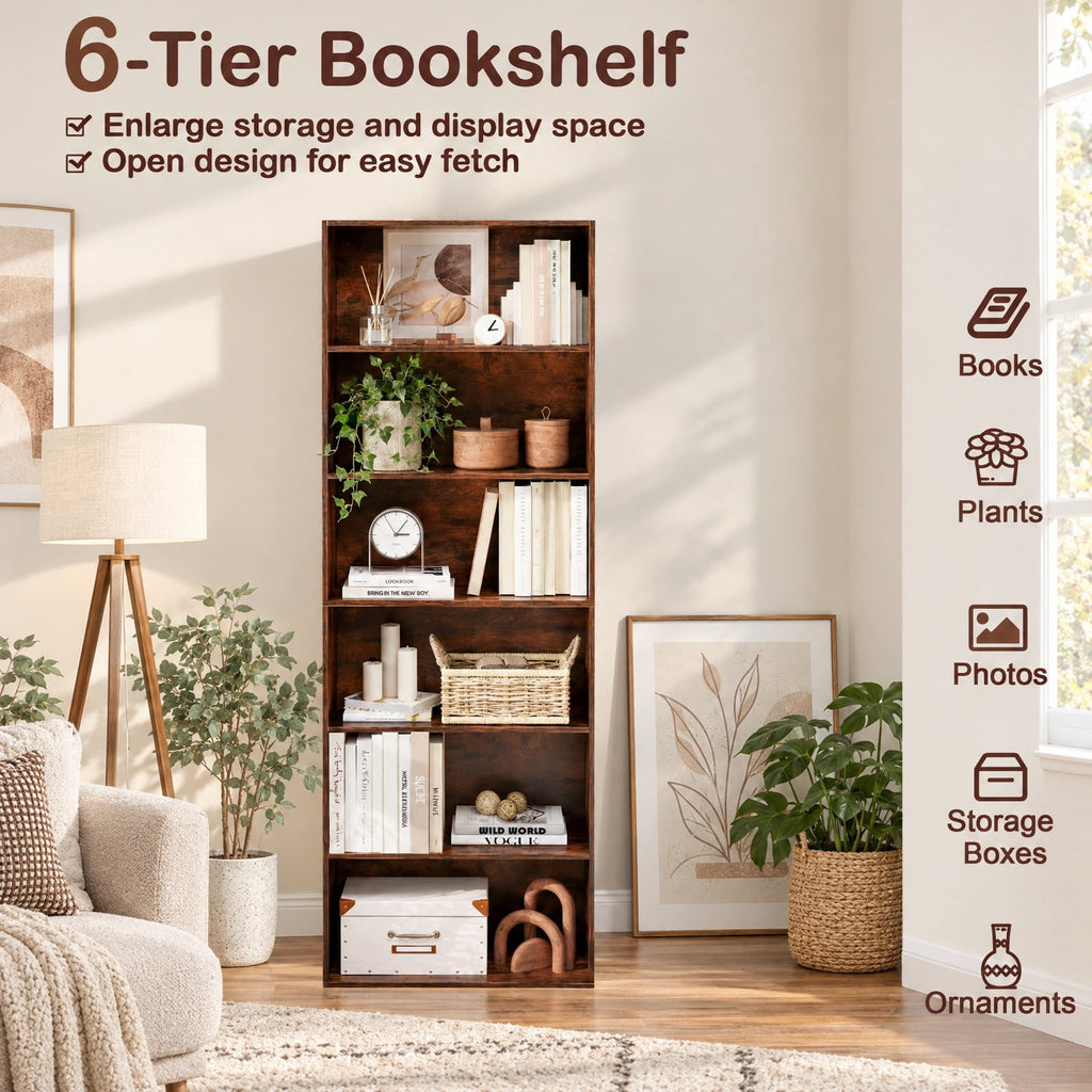 Airfind 6-Tier Bookcase with 6 Open Shelves and Anti-Toppling Kits, 200 lbs Capacity, MDF Engineered Wood Frame, 23.5in x 9.5in x 70in Footprint, Brown