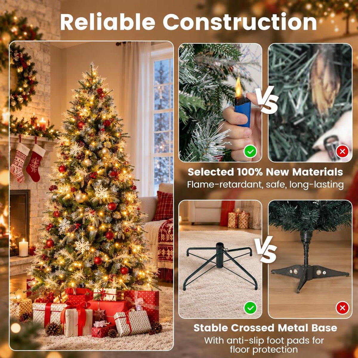 Airfind 7 Feet Pre-Lit Artificial Christmas Tree with 8 Modes LED Lights with Berries, PVC PE PET Metal 5 Feet Frame, 3 x 5 ft Footprint, Green