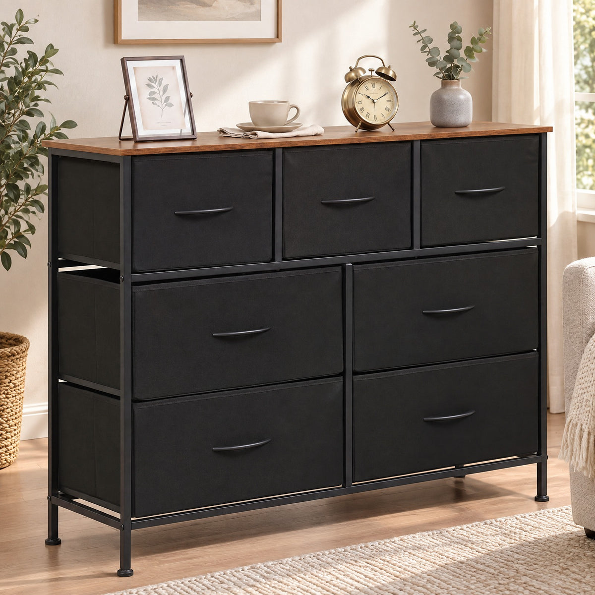 Airfind 7-Drawer Wide Dresser with 2-Sized Folding Fabric Drawers for Bedroom, 155 lbs Capacity, Engineered Wood Frame, 39.5in x 12in x 31in Footprint