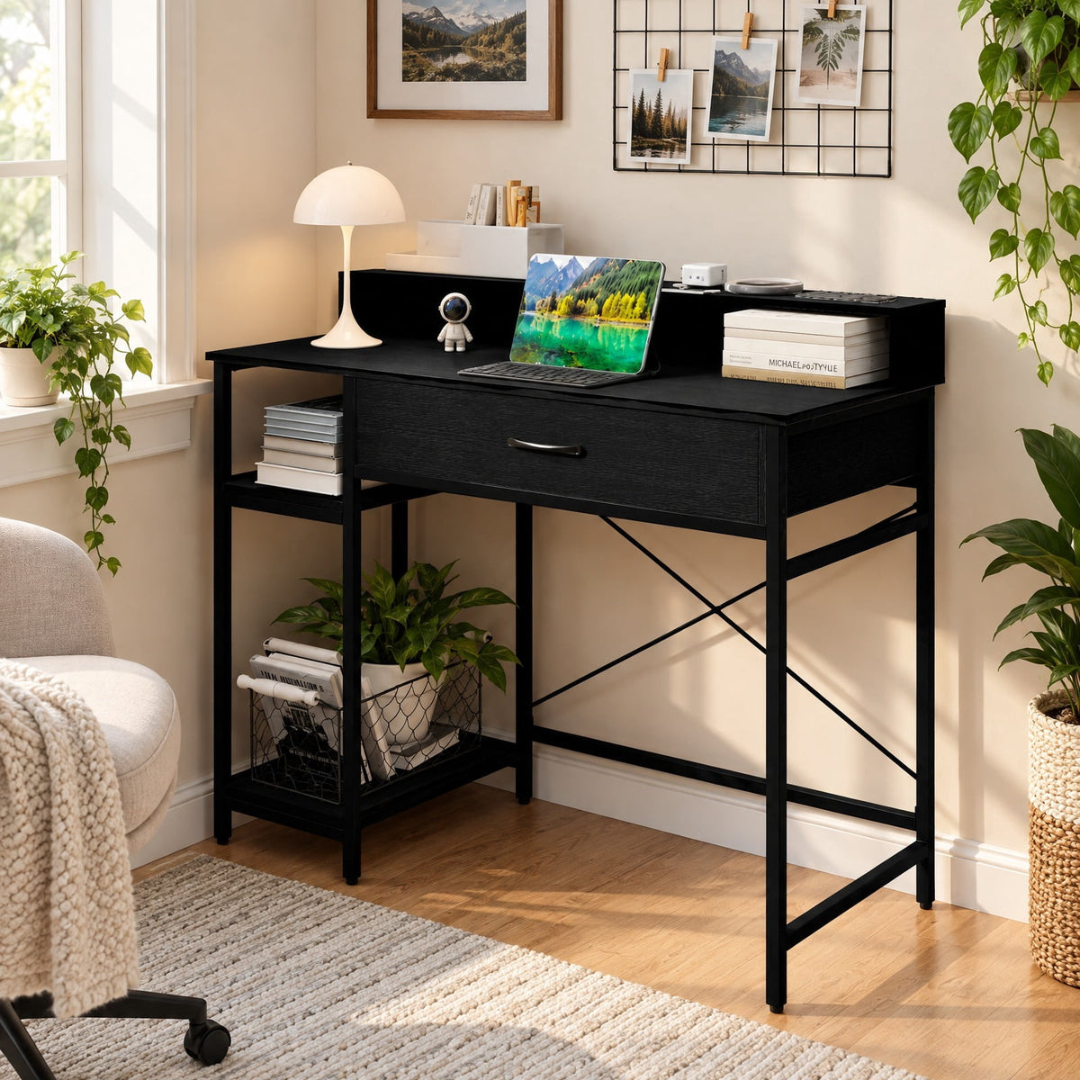 Airfind Computer Desk with Power Outlets 42inch Writing Desk with Hutch Drawer and 2 Open Shelves, 110 lbs Capacity, Engineered Wood Metal Frame