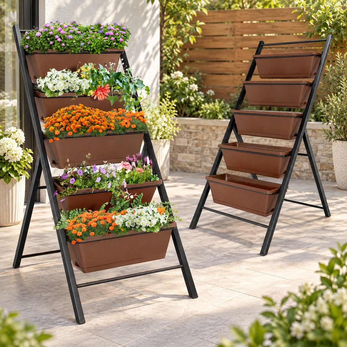 Airfind 5-tier Vertical Garden Planter Box Elevated Raised Bed with 5 Container, PP Iron Frame, 22.5 x 29 x 48.5 Footprint, Brown