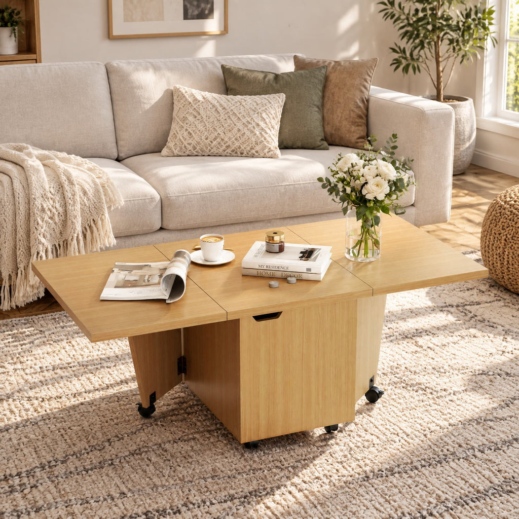 Airfind Foldable Coffee Table with Storage Cabinet Extendable Center Table, 155 lbs Capacity, Engineered Wood Frame, 48in x 24in x 18in Footprint, Oak
