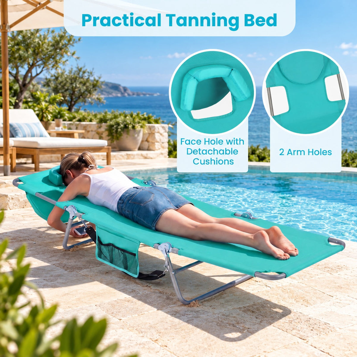 Airfind Folding Beach Lounge Chair with Adjustable Backrest for Lawn, 330 lbs Capacity, Metal Oxford Fabric Polyester Sponge Frame, Light Green
