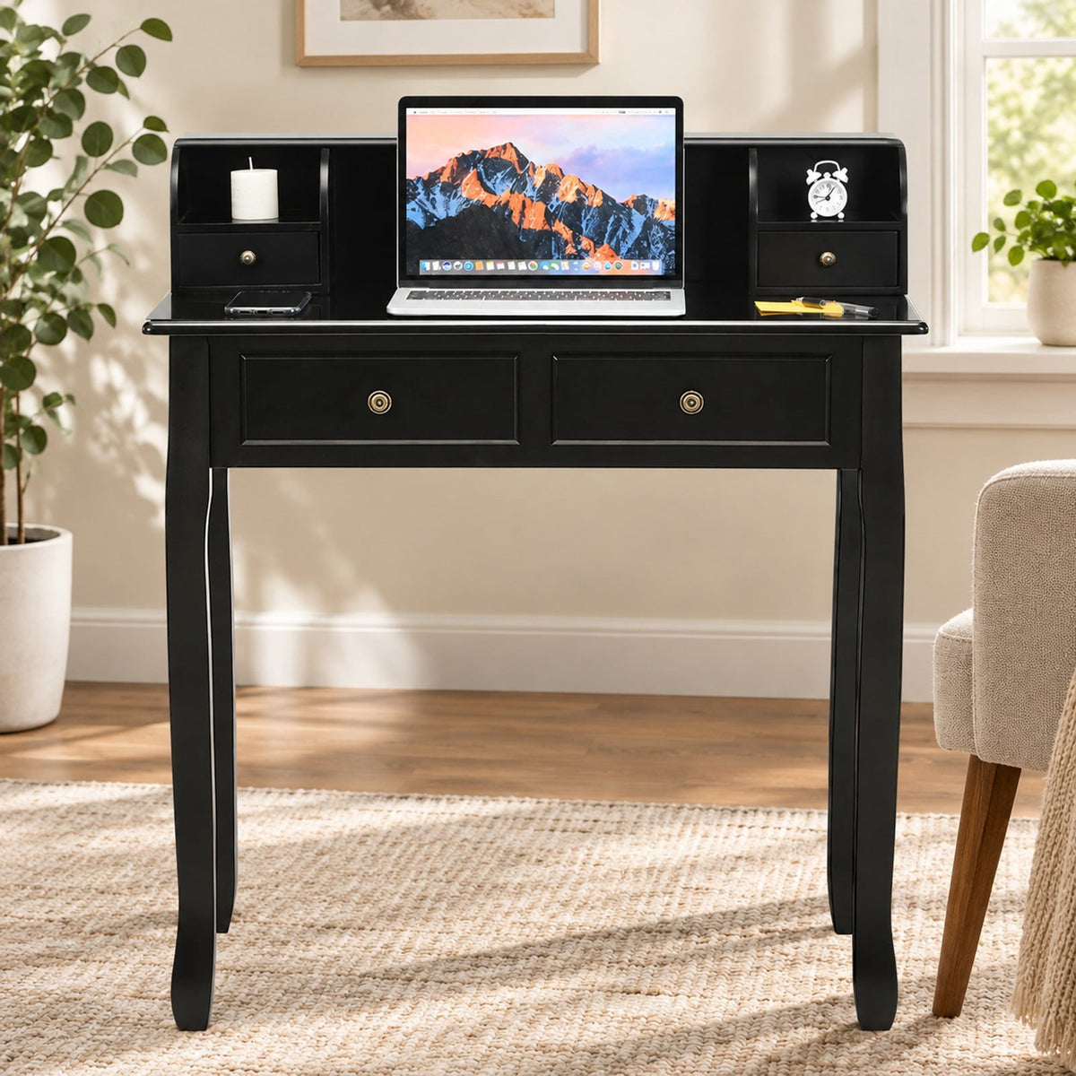 Airfind Writing Desk 2-Tier Vanity Desk Computer Desk with 4 Drawers, 287 lbs Capacity, MDF Frame, 31.5 x 16 x 37 Footprint, Black