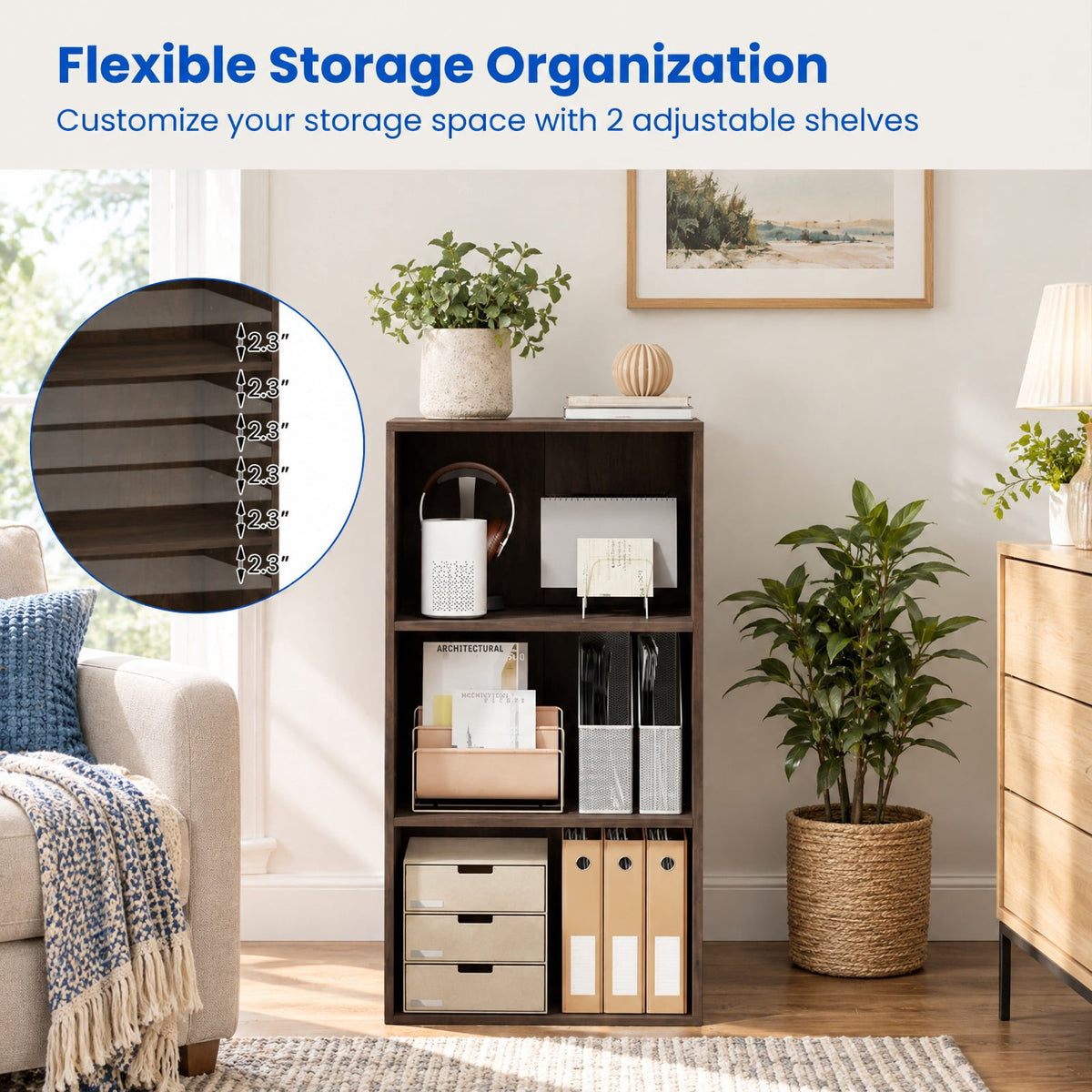 Airfind Bookcase, 3 Open Shelf, Modern Storage Display Cabinet, 55 lbs Capacity, Engineered Wood MDF Frame, 16.5 Inch x 11.5 Inch x 31.5 Inch Footprint, Walnut