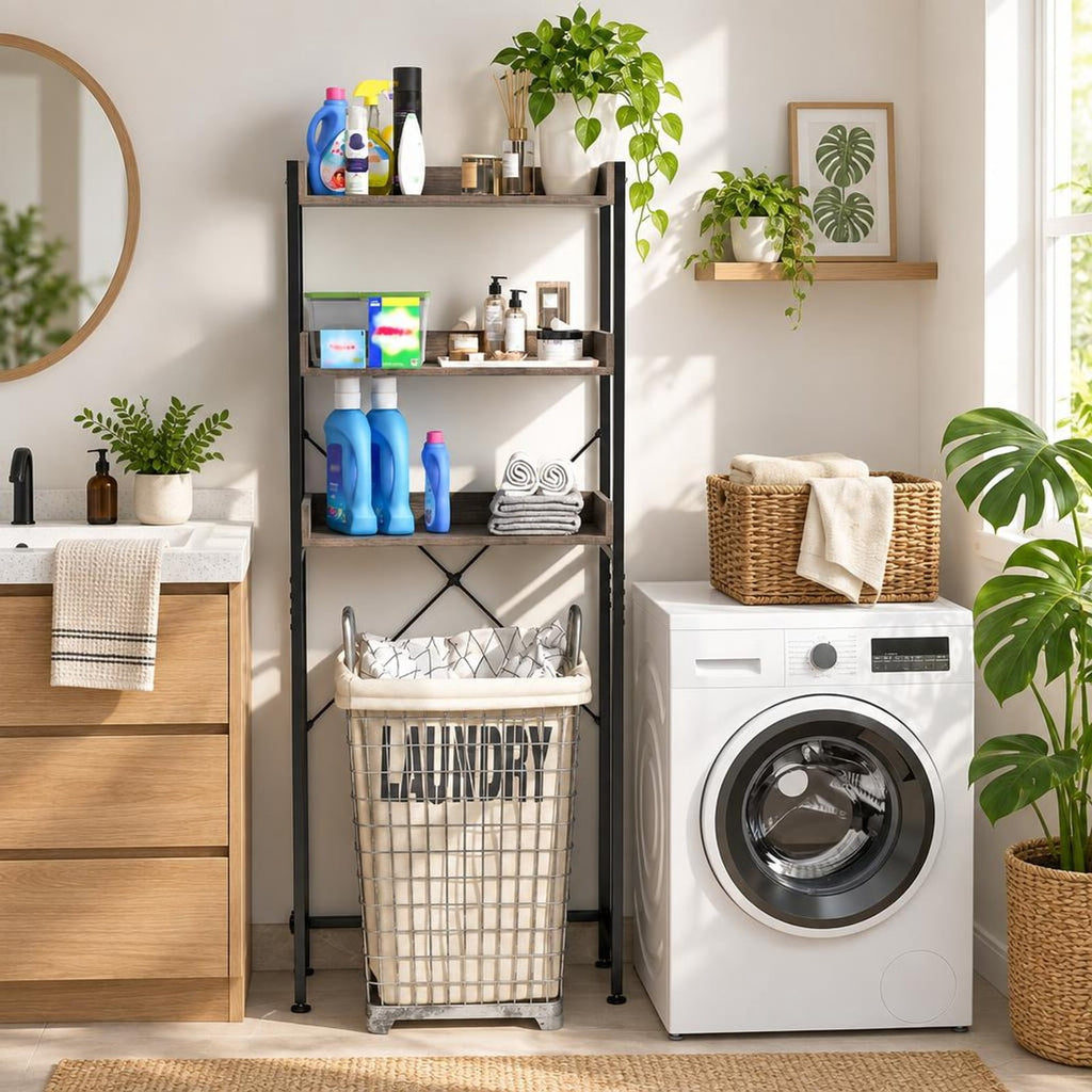 Airfind Over The Toilet Storage Rack with Hooks and Adjustable Bottom Bar, Metal Engineered Wood Frame, Grey