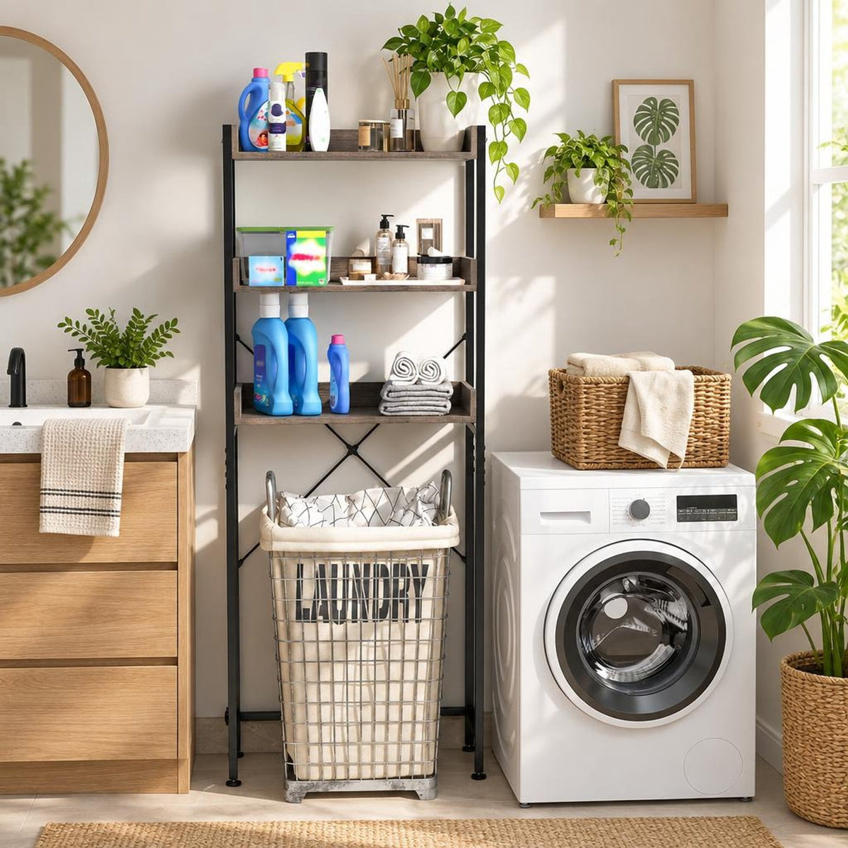 Airfind Over The Toilet Storage Rack with Hooks and Adjustable Bottom Bar, Metal Engineered Wood Frame, Grey