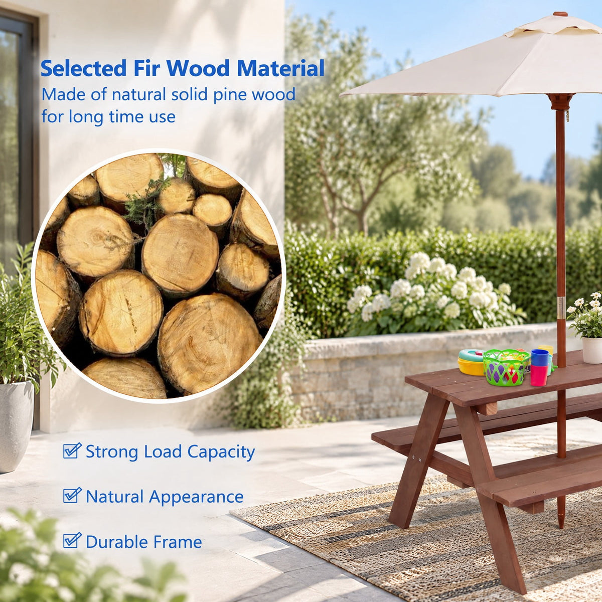 Airfind Outdoor 4-Seat Kids Picnic Table Bench with Umbrella, Fir wood polyester fabric Bench Frame, 28 x 8.5 x 13 /35 x 6.5 x 11 Footprint